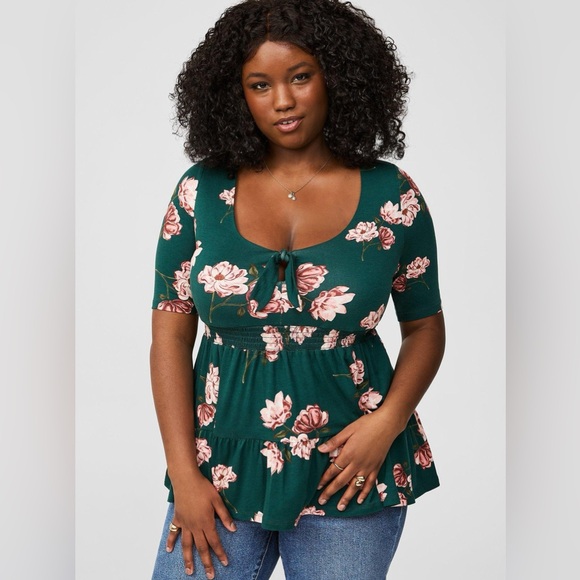 torrid Tops - torrid super soft jersey knit Green Floral Tie-Front Peplum Top